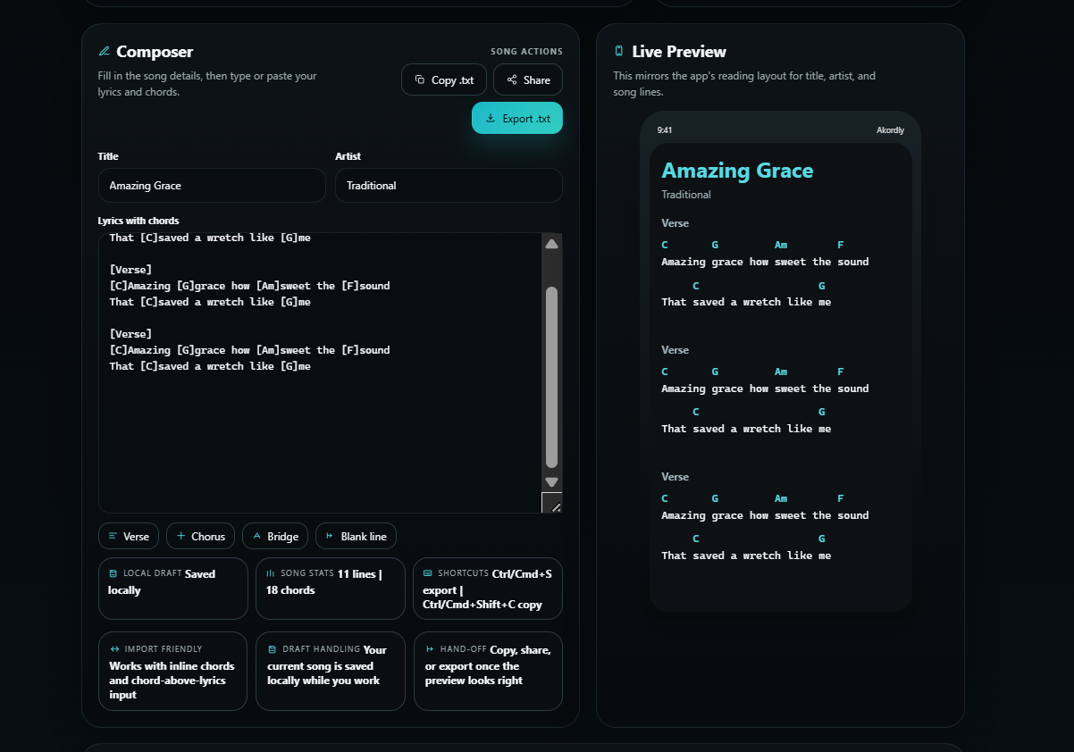 Akordly web companion with side-by-side song editor and preview.