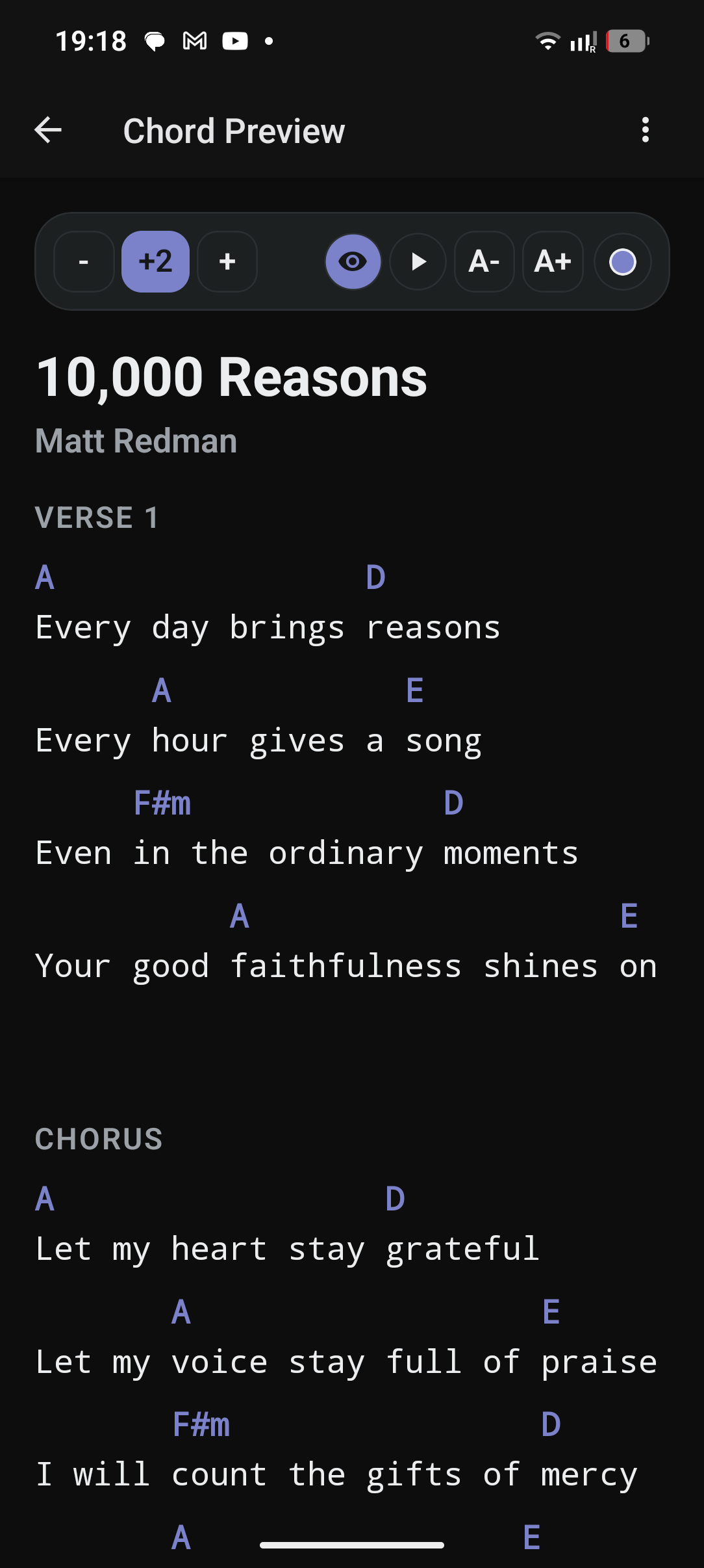 Akordly song view showing lyrics and chords in a stage-ready reading layout.