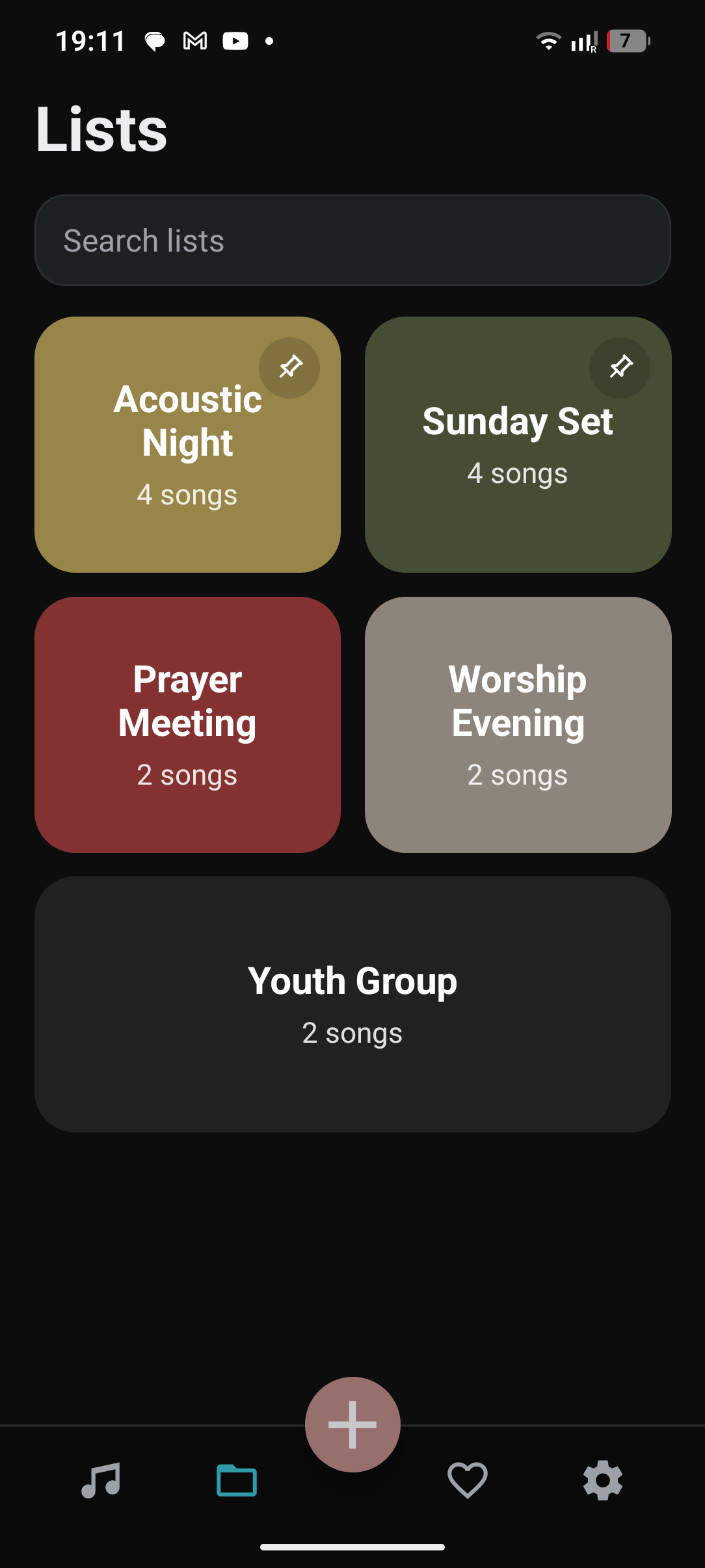 Akordly list screen showing organized set lists.
