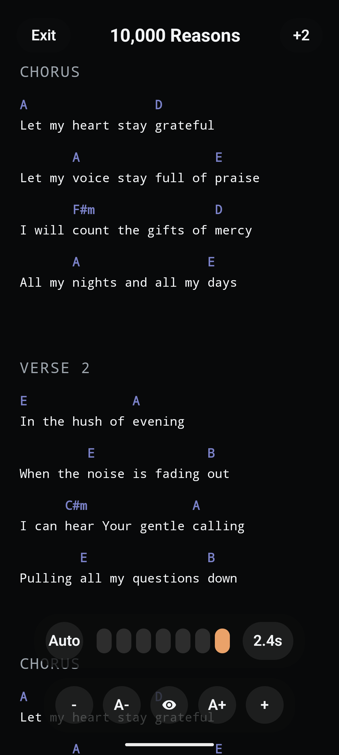 Akordly stage-ready song screen with clear lyrics and chords.